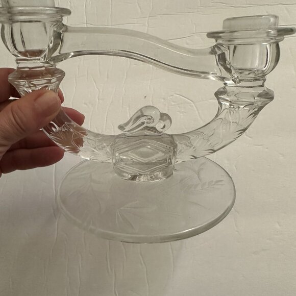 Mid Century Candle holder Crystal candle holder clear glass with Etched flower d - Picture 5 of 6